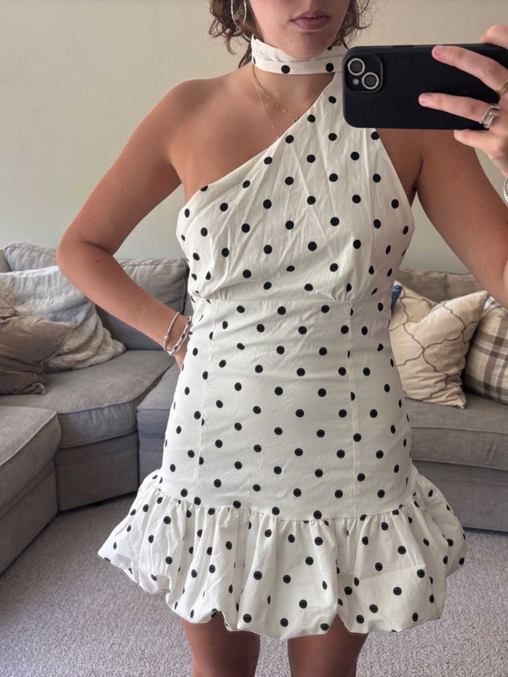Peppermayo White Polka Dot One-Shoulder Mini Dress